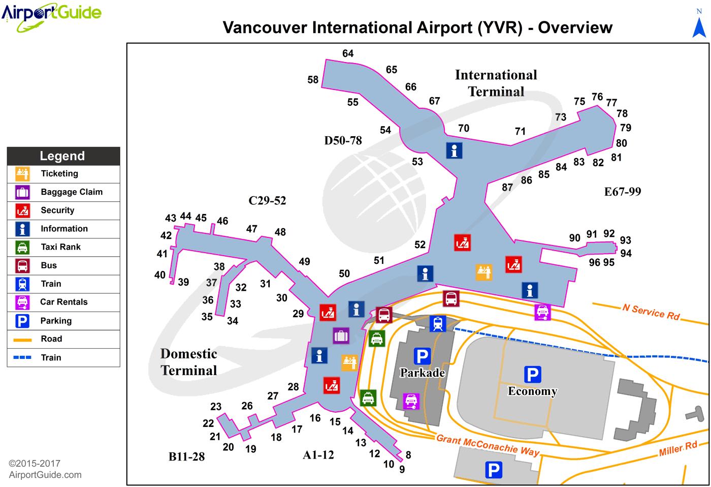 バンクーバー空港の地図 バンクーバーの空港ターミナルと空港ゲート