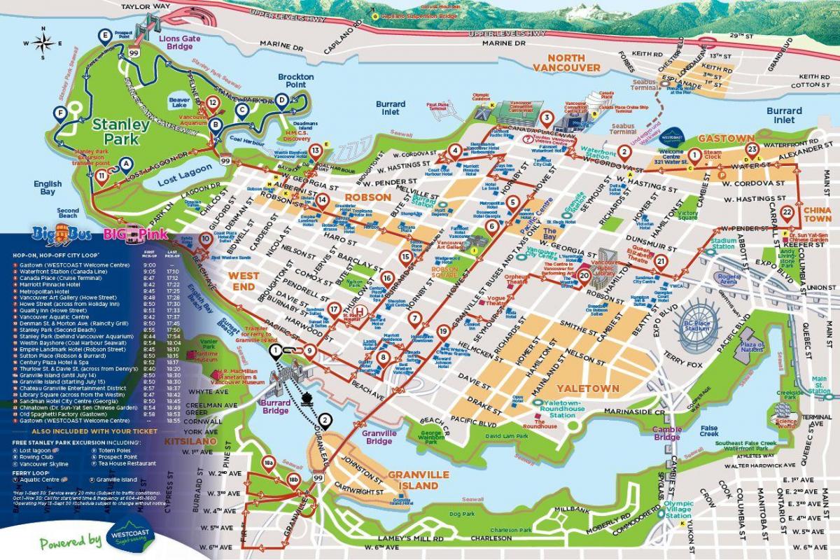 バンクーバーのホップオンホップオフバスツアーの地図