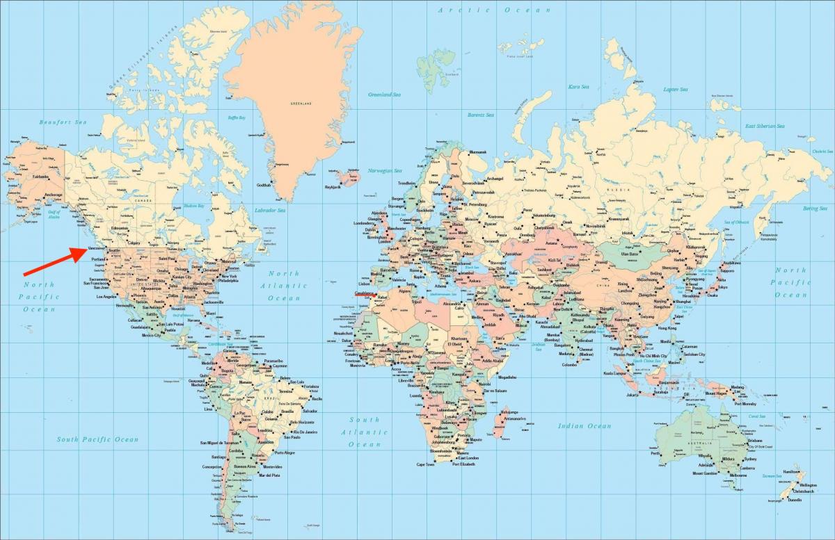 世界地図上のバンクーバーの位置
